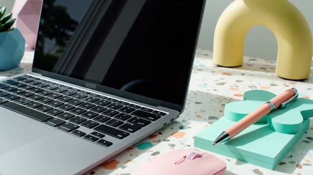 A Compact Laptop and Pastel Pink Computer Mouse Rest on a Terrazzo Desk Surface Illuminated by Natural Sunlight Creating a Bright and Cheerful Workspace Atmosphere