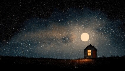 Small cottage with lit window against an expansive starry night and full moon