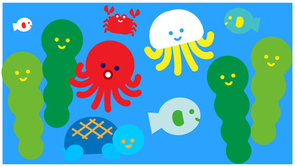 海の中に集まるかわいい海の生き物たちのイラスト