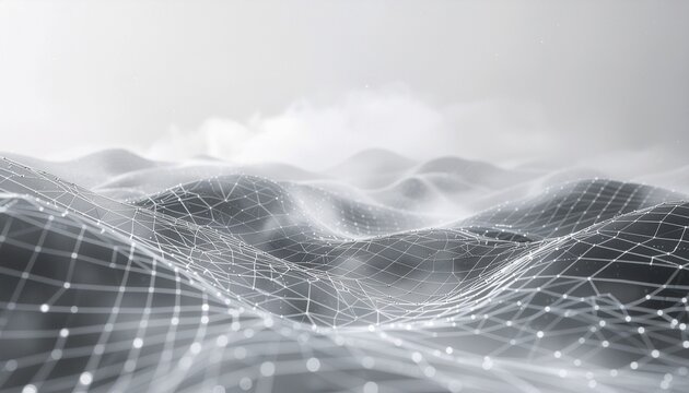 Abstract digital landscape with glowing wireframe mesh and interconnected nodes representing data or network. - Powered by Adobe