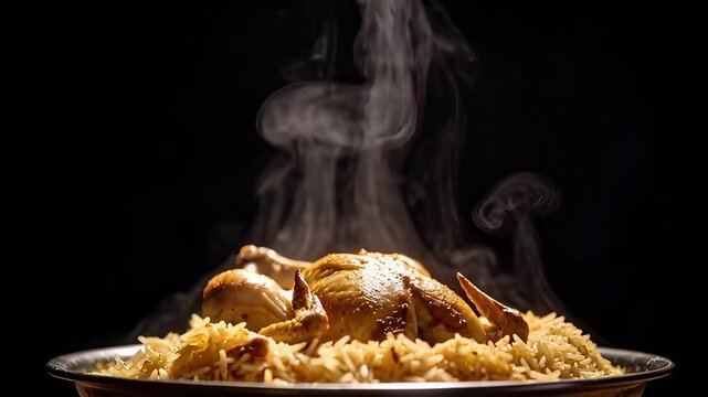 Steaming Hot Chicken Mandi Dish Served on a Platter with Aromatic Rice.