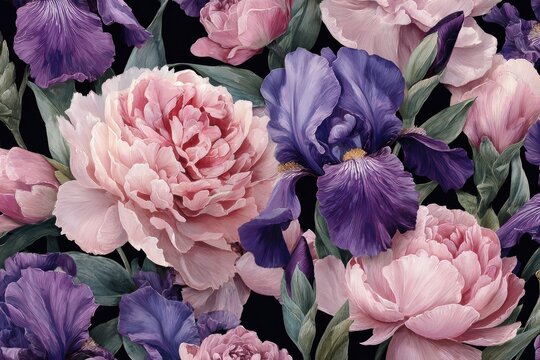 Artistic floral arrangement with peonies, irises, and foliage on a dark background
