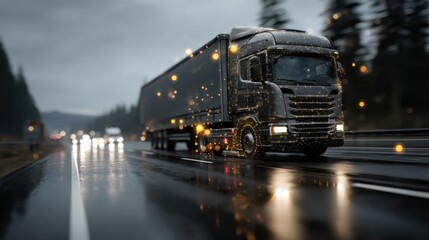 A data visualization overlay featuring AI trucks in a 360-degree view.