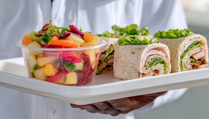 Close-up of person holding a tray with a fruit salad and wrap sandwiches