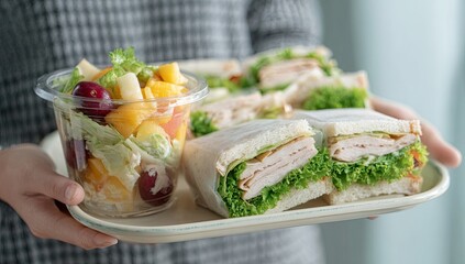 Close-up of hands holding a tray with a fruit salad and sandwiches