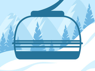 Winter banner with cable car and snowy mountain scene with pine trees. for festive winter designs.