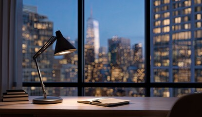 Illuminated desk and city view through a large window during dusk with warm lighting