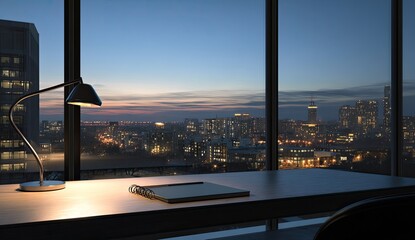 Interior view of an office desk with a lamp, notebook, and a cityscape at dusk