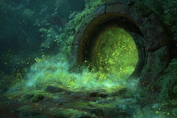 Naklejka premium A moldy portal in a fantasy realm, spores drifting out like a gateway to another world.