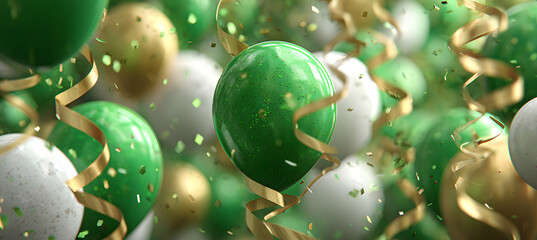 celebration background with green and white balloons, golden ribbons, and confetti on a light grey background Generative AI