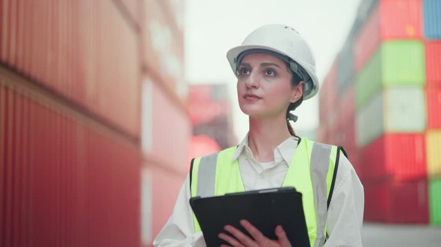 Professional female worker or supervisor in a white safety hard hat and high-visibility vest using a digital tablet for inventory management or inspection.