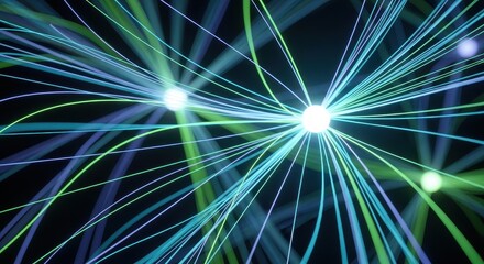 Multiple bright glowing orbs emit streams of vibrant light trails across a dark backdrop