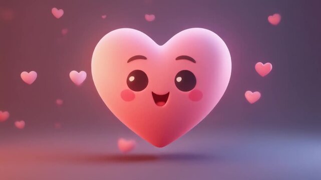 Animated Pink Heart Character Bobbing Joyfully with Hearts Floating Around