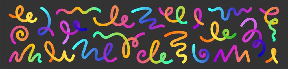 Obraz premium Line gradient color abstract set. Color wave line gradient shape bright rainbow flow design modern background. Abstract doodle pattern wavy ribbon swirl fun geometric dynamic. Vector illustration