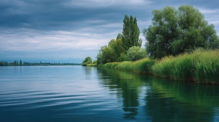 Obraz premium Serene Lakeside View with Lush Greenery and Calm Waters Under Overcast Sky, Tranquil Nature Scene for Relaxing and Meditative Ambiance