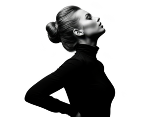 Elegant woman in black turtleneck isolated on transparent background