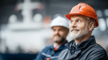 Engineers' Vision: Portrait of two focused engineers, with one prominently in view, wearing protective helmets, and exuding confidence as they envision the future.