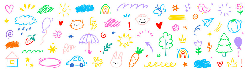 Cute kid baby icon set. Hand drawn kid doodle marker stroke with cute color rainbow, sun, cloud childish background. Cartoon sketch children flower, car, house icon elements. Vector illustration