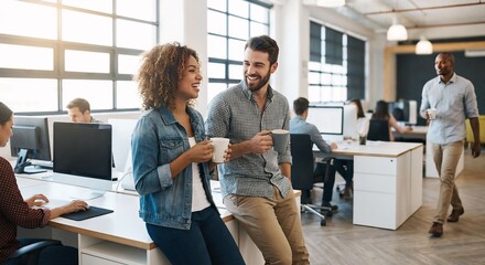 Two diverse colleagues having a casual conversation and coffee break in a modern open-plan office environment fostering collaboration and teamwork