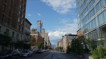 Fototapeta premium Busy Urban Street With Modern Glass Buildings and Clear Blue Sky in NYC Style