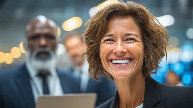 Confident Businesswoman's radiant smile: A sophisticated, mature businesswoman radiates confidence with a genuine, beaming smile, as she stands amidst her team, ready to conquer the day