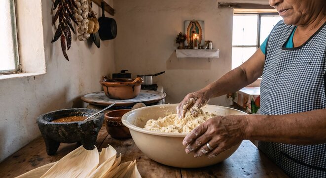 A womans hands expertly prepare masa for homemade tamales in a rustic Mexican kitchen showcasing traditional culinary heritage