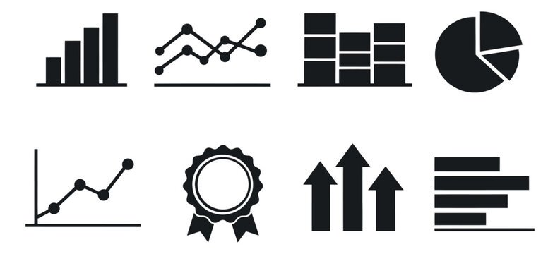 Modern graphic data visualization set featuring various charts, graphs, arrows, and an award ribbon for business and financial analytics