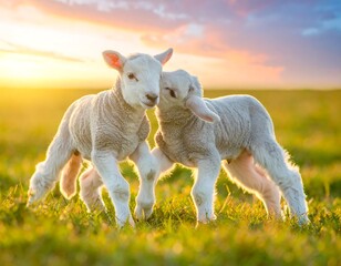 Fototapeta premium Two fluffy lambs frolic in sunlit grass under a colorful sunset