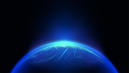 Blue glowing planet with topographic line patterns on dark background futuristic digital technology and science space for cybersecurity and global network connectivity design