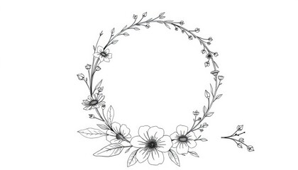 Intricate line art floral wreath, delicate botanical sketch,  delicate,  clip art