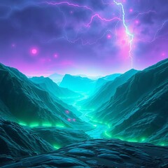 Neon-drenched digital hills shimmer under an electric sky, a stark future born from emerald dreams,  scene,  vista