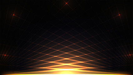 High tech digital background featuring glowing orange grid and radiant gold light in a dark futuristic abstract scene with geometric lines for cyber space and data network