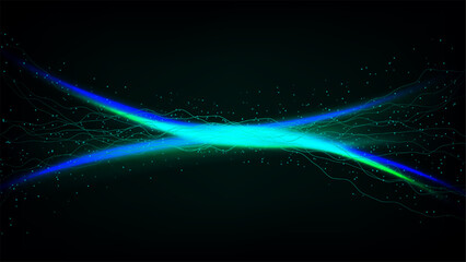 Obraz premium Futuristic energy flow with intersecting neon lines and shimmering dust on black background