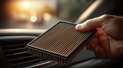 Close-up of a car's cabin air filter being replaced with a new one.