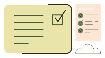 Productivity, organization, task management, online tools, digital record-keeping, progress tracking. Minimalist design features a checklist, notes and a cloud icon. Productivity and organization