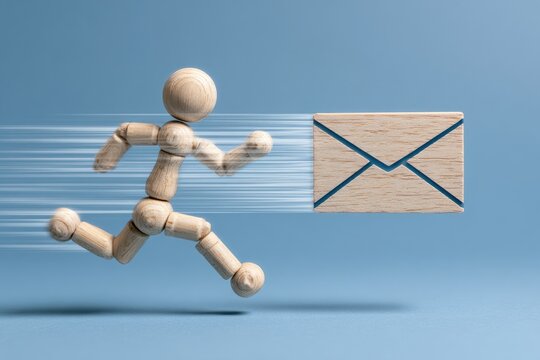 Wooden figure running towards an envelope, with speed lines on a blue backdrop