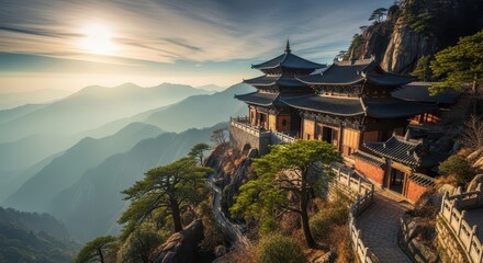 Traditional East Asian architecture rests precariously on a high mountain ridge overlooking hazy valleys at sunrise