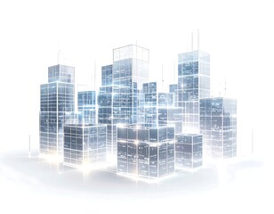 Naklejka premium Futuristic city illustration, translucent buildings with interior glow, isolated on white
