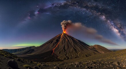 Fiery mountain erupts beneath the brilliant arc of the galaxy at night