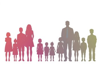 Diverse family silhouettes, various poses & sizes, unified style,  minimalist,  outline
