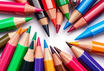 Close-up of colorful vector marker pen tips, arranged artistically on white background, pen, pointed