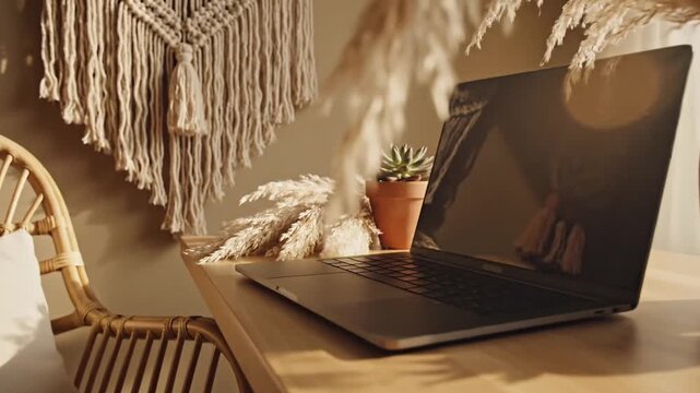 Bohemian Workspace Interior Design With Natural Light Featuring Wicker Chair Macrame Wall Hanging Wooden Desk Laptop Succulents and Dried Pampas Grass In Terracotta Vases