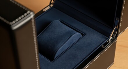 Luxury storage container with deep blue interior cushion opens for presentation