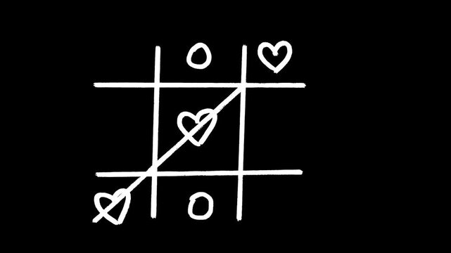 Tic-Tac-Toe Hearts Scribble Loop Video on a Black Background, Game, Love, Valentine, Win, Strategy, Romance, Wedding, Anniversary, Relationship, Emotion, Fun, Cute