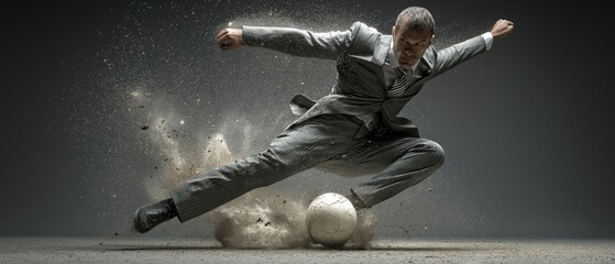 A forceful kick at a soccer ball by a corporate executive dressed in a stylish suit serves as a metaphor for strategic play in the business world.