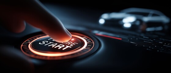 'Future Start' appears on a computerized display as a hand presses the start button of a futuristic automobile. idea of modern technology.