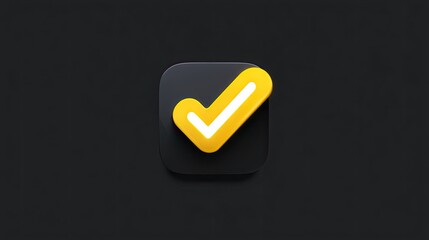 Icon of a yellow check mark on a dark background symbolizing completion, verification, and approval in flat design style