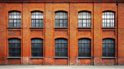 Fototapeta premium Industrial red brick wall with large windows.