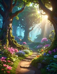Fototapeta premium Serene enchanted forest scene with sunlight and a winding path