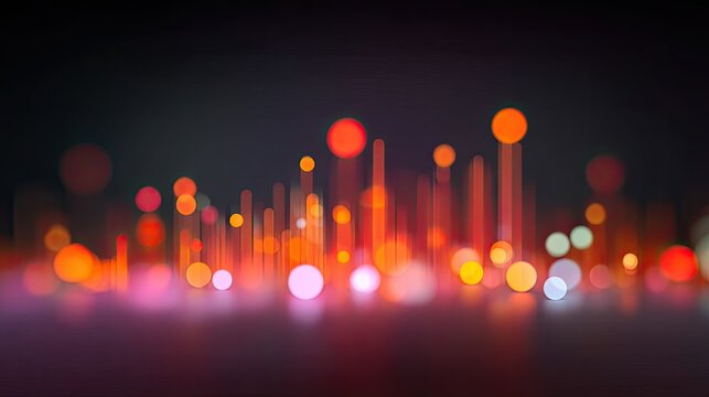 Abstract representation of vibrant light patterns and digital soundwaves with glowing circles and vertical lines on a blurred background.